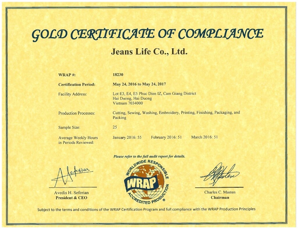 Certificate 18230 (Gold) - Jeans Life Co., Ltd