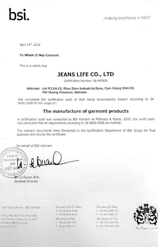 SA-8000 Certificate - Jeans Life Co., Ltd